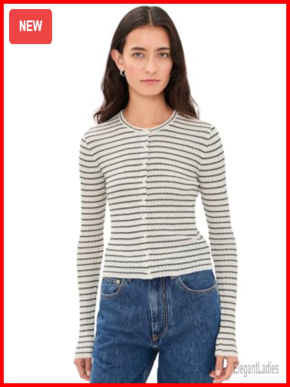 Lightweight Stripe Knit Crew Neck Pullover Sweater Loose Fit Long Sleeve